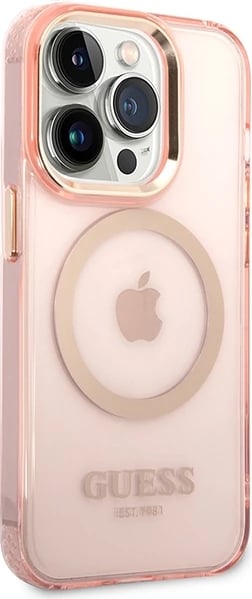 Mbështjellës Guess Gold Outline MagSafe për iPhone 14 Pro Max 6.7", rozë