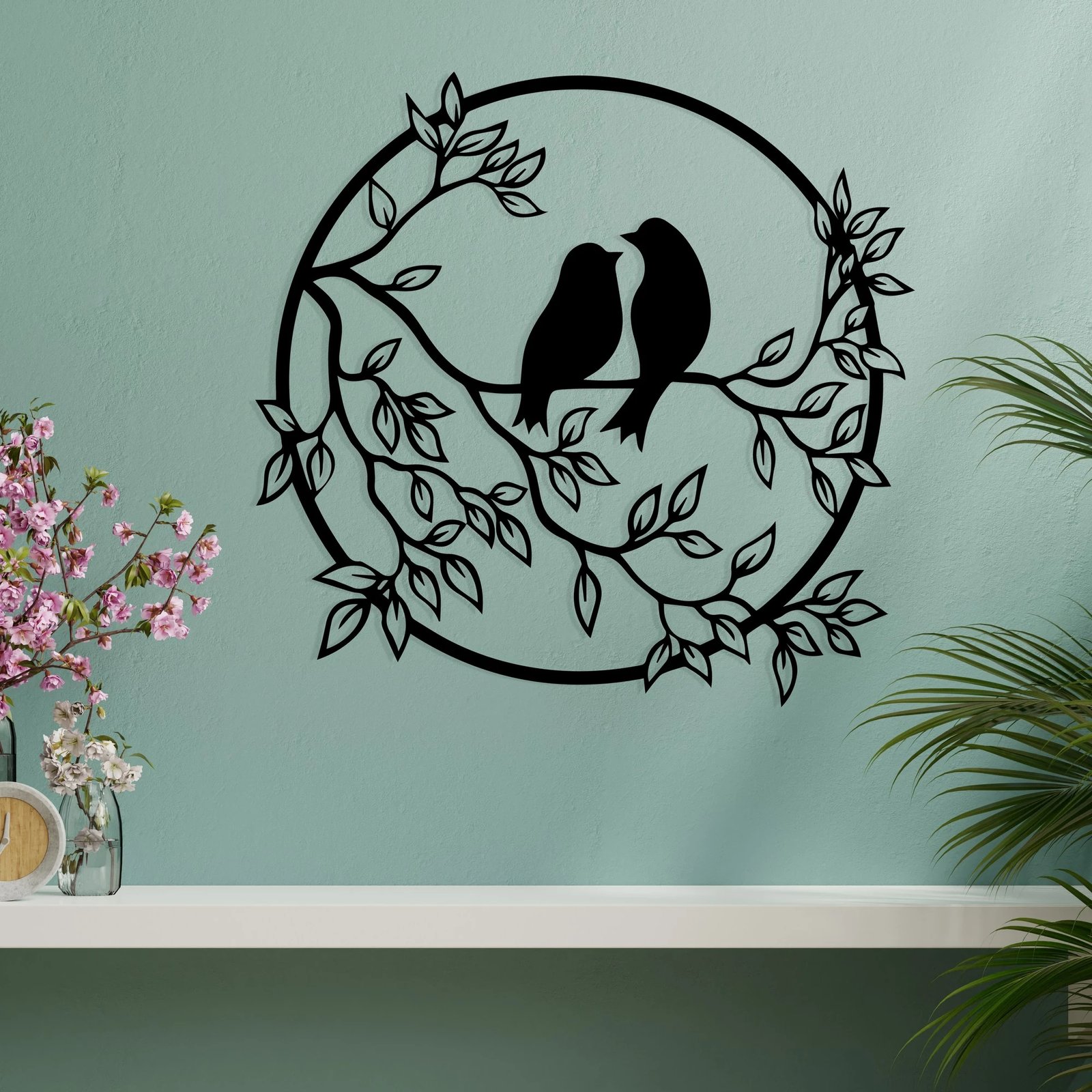 Aksesor dekorativ metalik për mur, zogj në pemë, Wallity