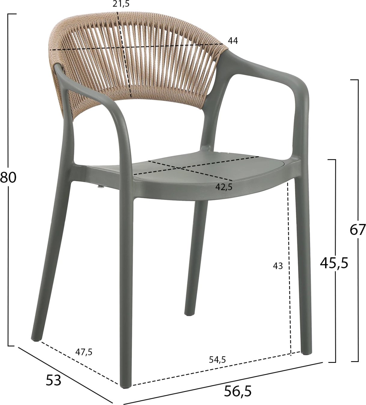 Karrige me krahë EVA, polipropilenë, ngjyrë ulliri, litar bezhë, 56.5x53x80cm