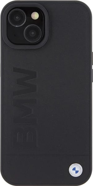 Mbështjellës BMW Leather Hot Stamp për iPhone 15 Plus, e zezë