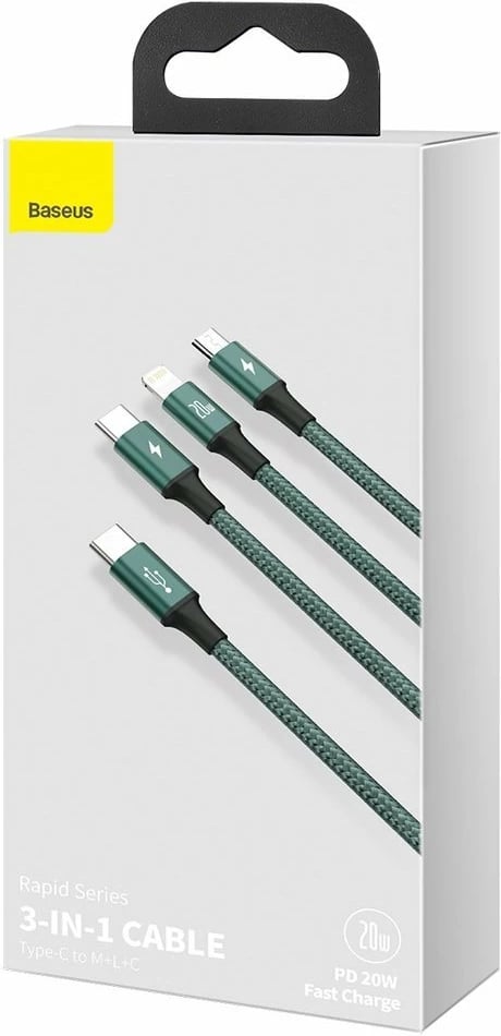 Kabllo 3-në-1 Baseus Rapid Series CAMLT-SC06, 1.5m, 20W, USB-C/Lightning/micro USB, e gjelbër Kabllo 3-në-1 Baseus Rapid Series CAMLT-SC06, 1.5m, 20W, USB-C/Lightning/micro USB, e gjelbër