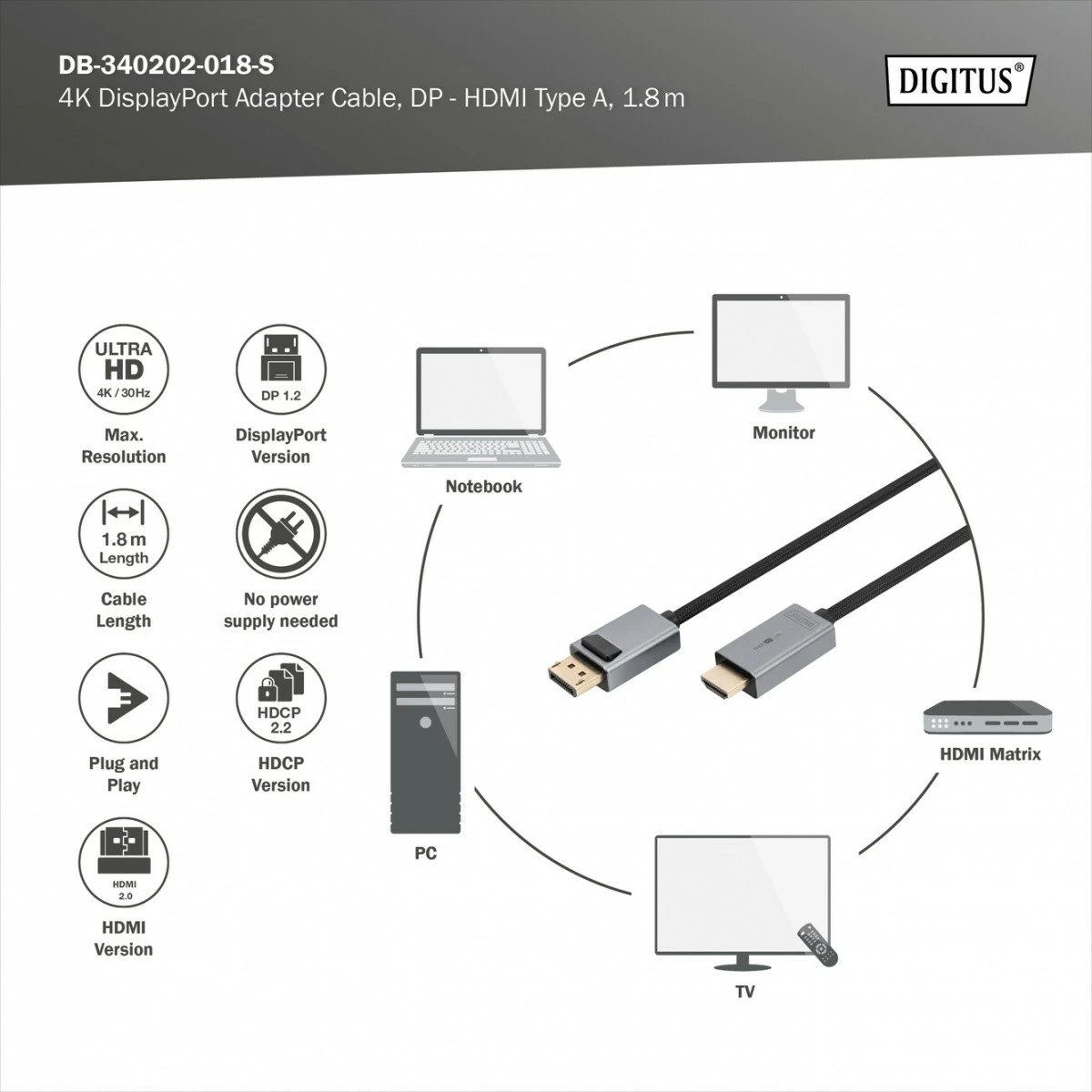 Kabllo/adaptues Digitus DisplayPort në HDMI, 1.8m, 4K, zi/gri