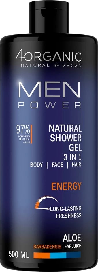 Xhel dushi 3-në-1 për meshkuj 4organic Men Power Natural Energy, 500ml Xhel dushi 3-në-1 për meshkuj 4organic Men Power Natural Energy, 500ml