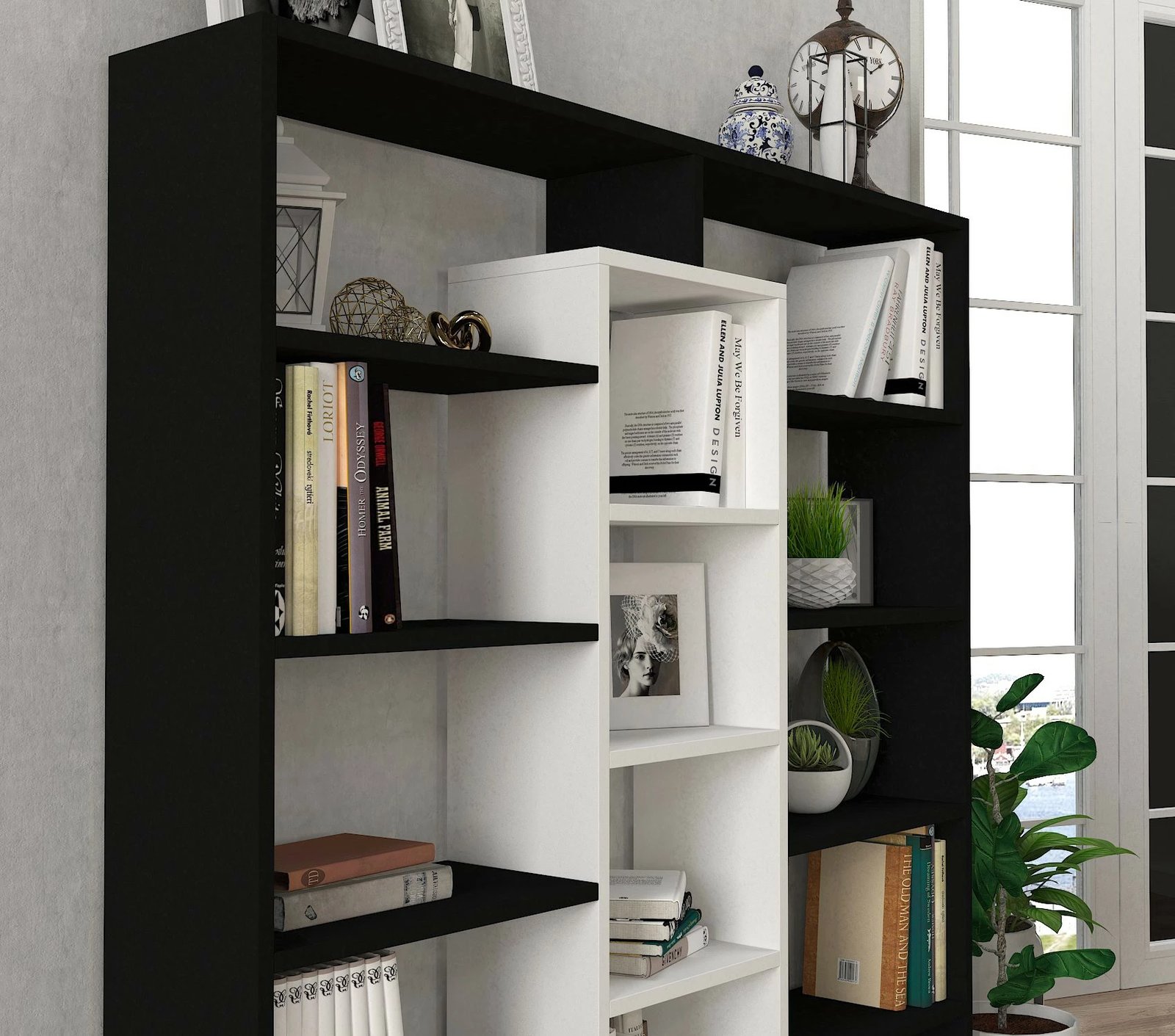 Raft librash Hanah Home, Ample, i zi dhe i bardhë