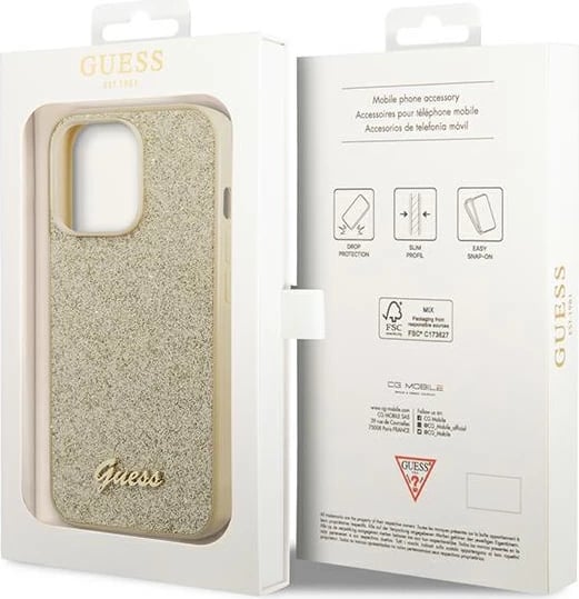 Mbështjellës Guess GUHCP14LHGGSHD për iPhone 14 Pro 6.1", hardcase, Glitter Script, ari