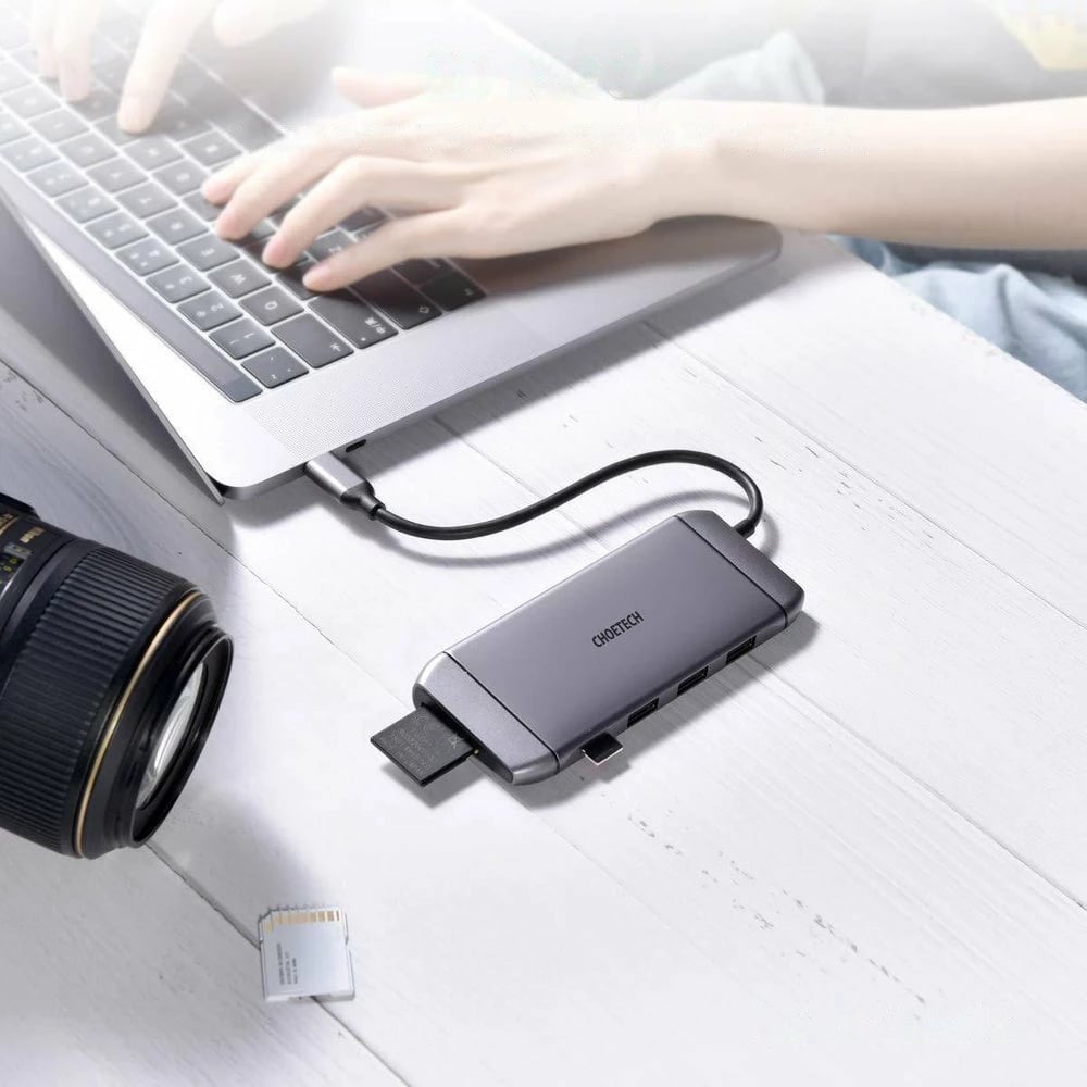 Kasë Choetech HUB-M15, 9 porte, USB Type-C, HDMI 4K, VGA, RJ45, Gri