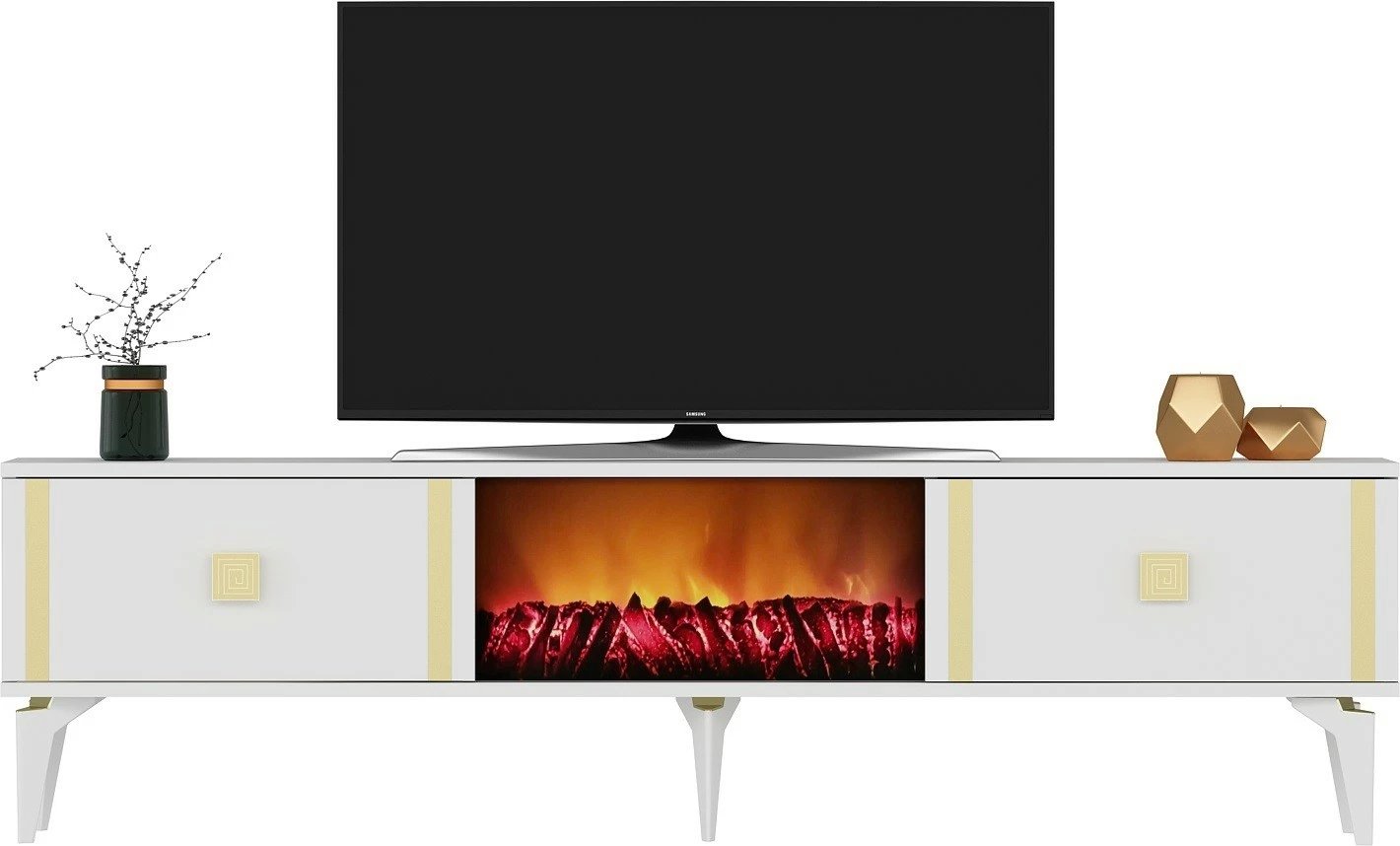 Komodë TV me oxhak elektrik, ngjyrë e bardhë dhe ari, Skye Decor, Doruk Fireplace