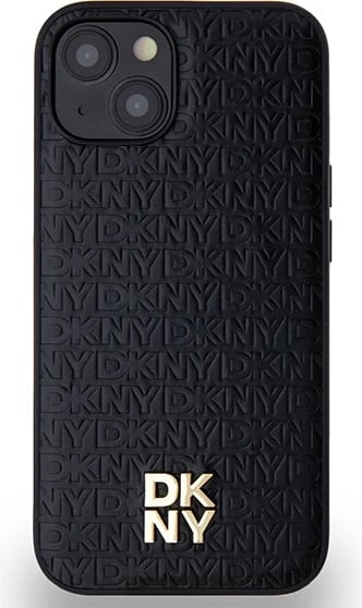 Mbështjellës DKNY Leather Monogram Pattern Metal Logo MagSafe për iPhone 15/14/13, e zezë