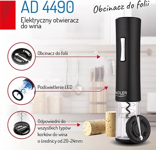 Hapës vere elektrik, Adler AD 4490, me dritë LED, prerëse folie në set, për tapa 20-24 mm, 4xAA (pa bateri), i zi