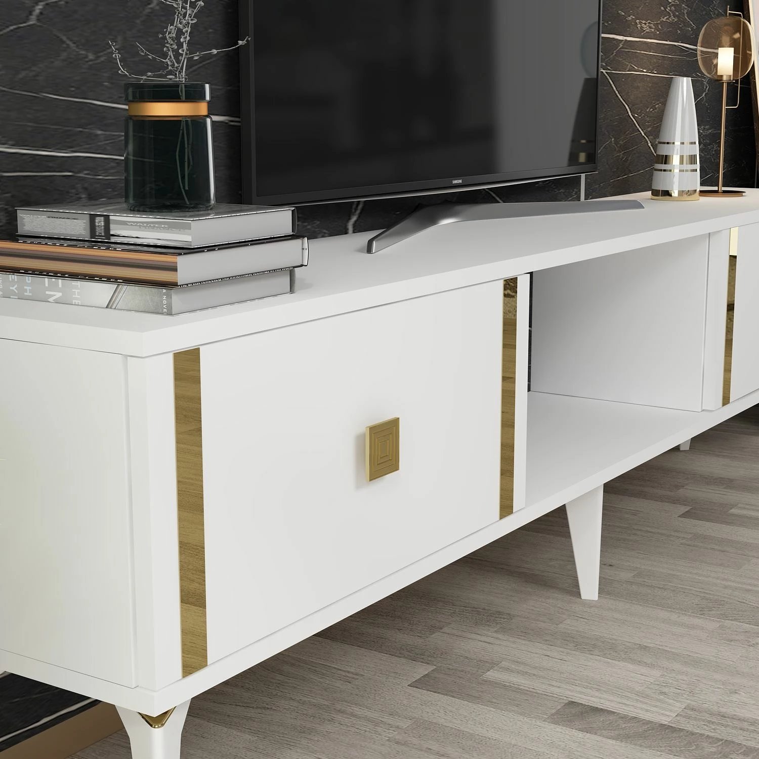 Komodë TV Skye Decor, e bardhë, e artë, Doruk