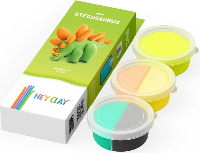 Set modelimi me masë Hey Clay Stegosaurus, 3 kanaçe, 5 ngjyra