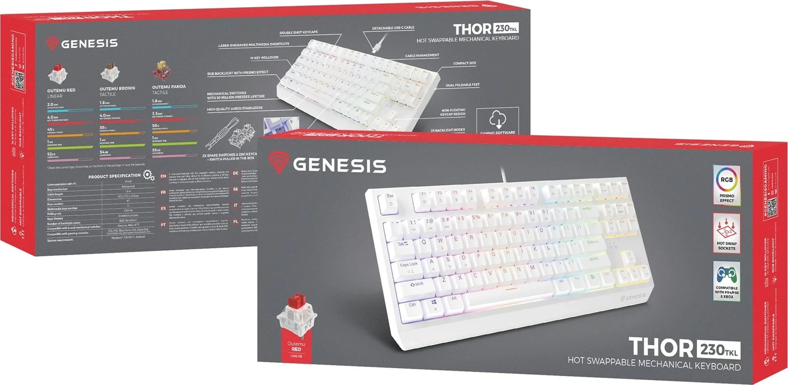 Tastierë mekanike GENESIS Thor 230 TKL, QWERTY, US English, RGB, e bardhë