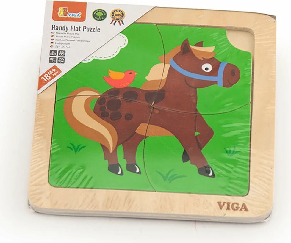 Puzzle druri fëmijësh, Viga, 4 pjesë Horse, 15 x 15 cm, 18m+, multingjyrësh