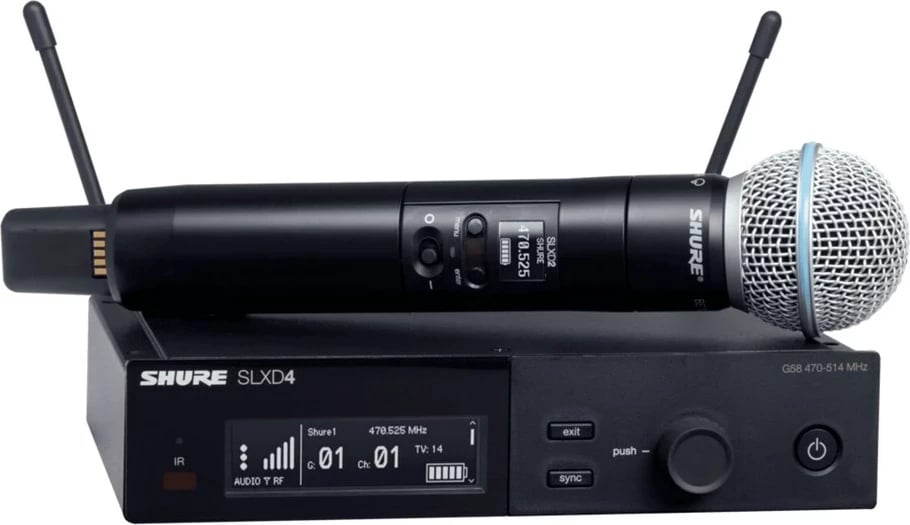 Mikrofon pa tela SHURE SLXD24E/B58-G59 me marrës dhe 2 transmetues, i zi