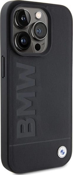 Mbështjellës BMW Leather Hot Stamp për iPhone 15 Pro Max, lëkurë origjinale, i zi