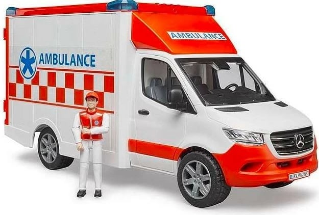 Lodër ambulancë BRUDER Mercedes-Benz Sprinter me figurë paramediku, 1:16, Kuqe/Bardhë