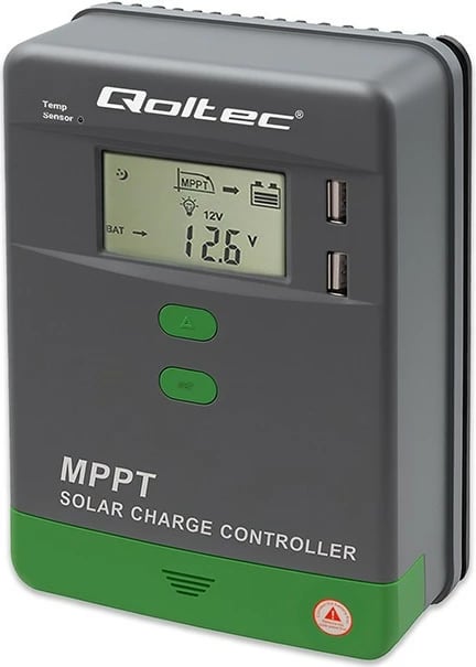 Kontrollues karikimi diellor Qoltec MPPT 53660, 10A, 12V/24V, LCD, 2xUSB, Bluetooth, Gri/Gjelbër