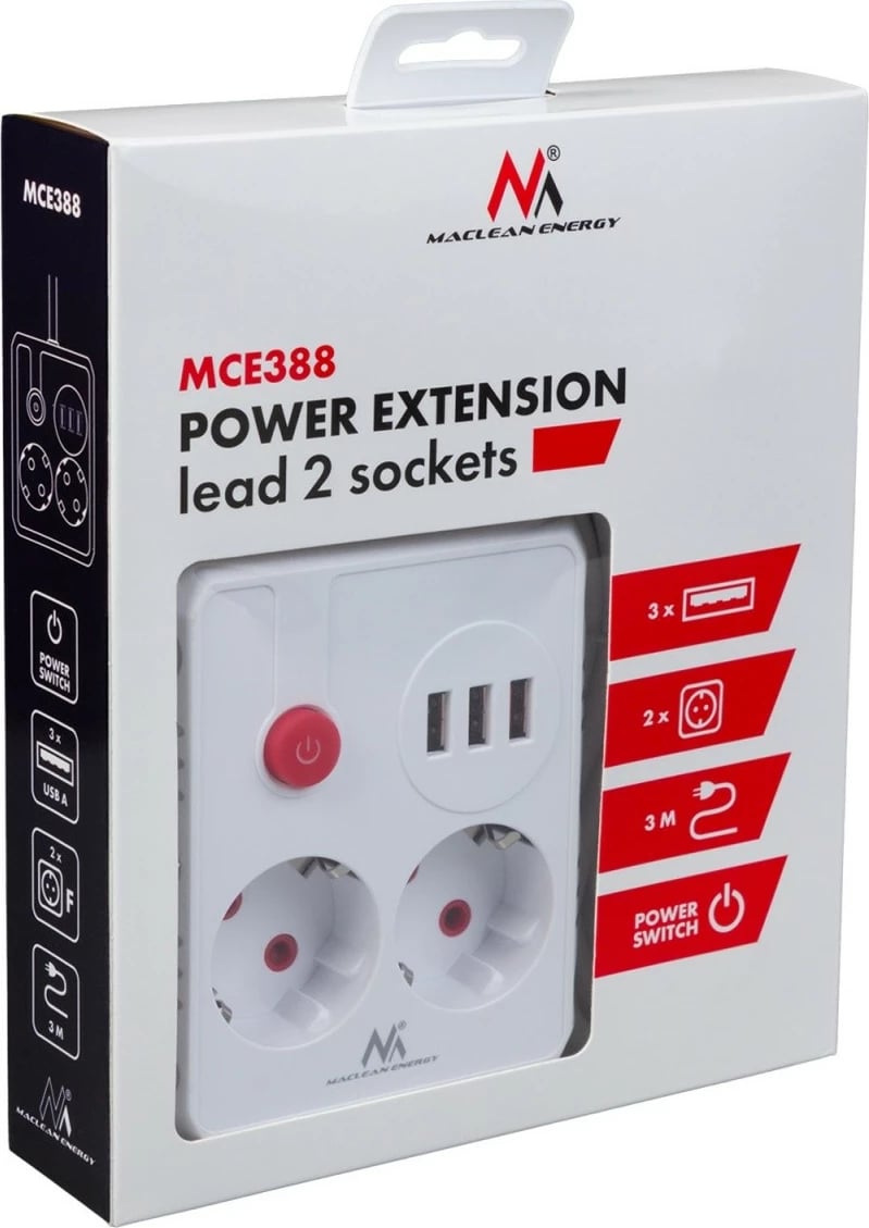 Zgjatues elektrik, Maclean MCE388 W, 2 priza Schuko, 3xUSB 2.1A, 2500W, 110-240V AC, kabllo 3m, i bardhë