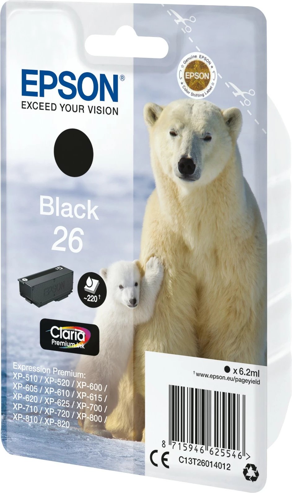 Toner Epson Polar bear Singlepack Black 26 Claria Premium Ink, Standard Yield, 6.2 ml, e zezë