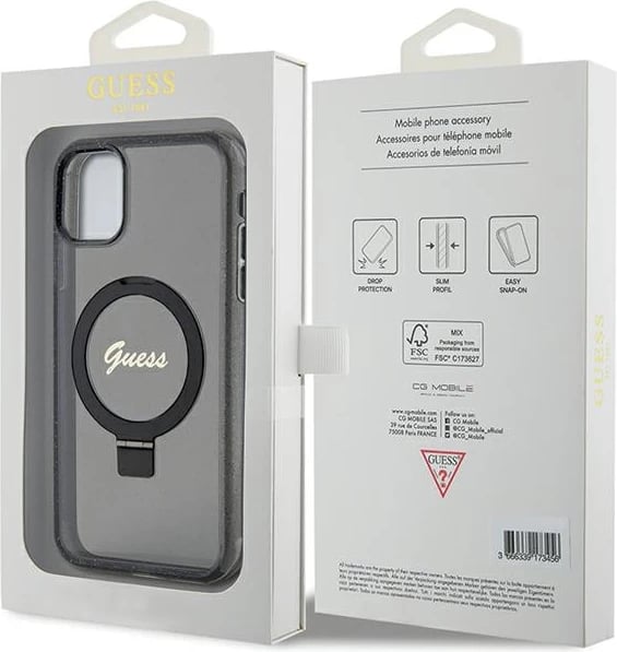 Mbështjellës Guess Ring Stand Script Glitter MagSafe për iPhone 11/XR, i zi