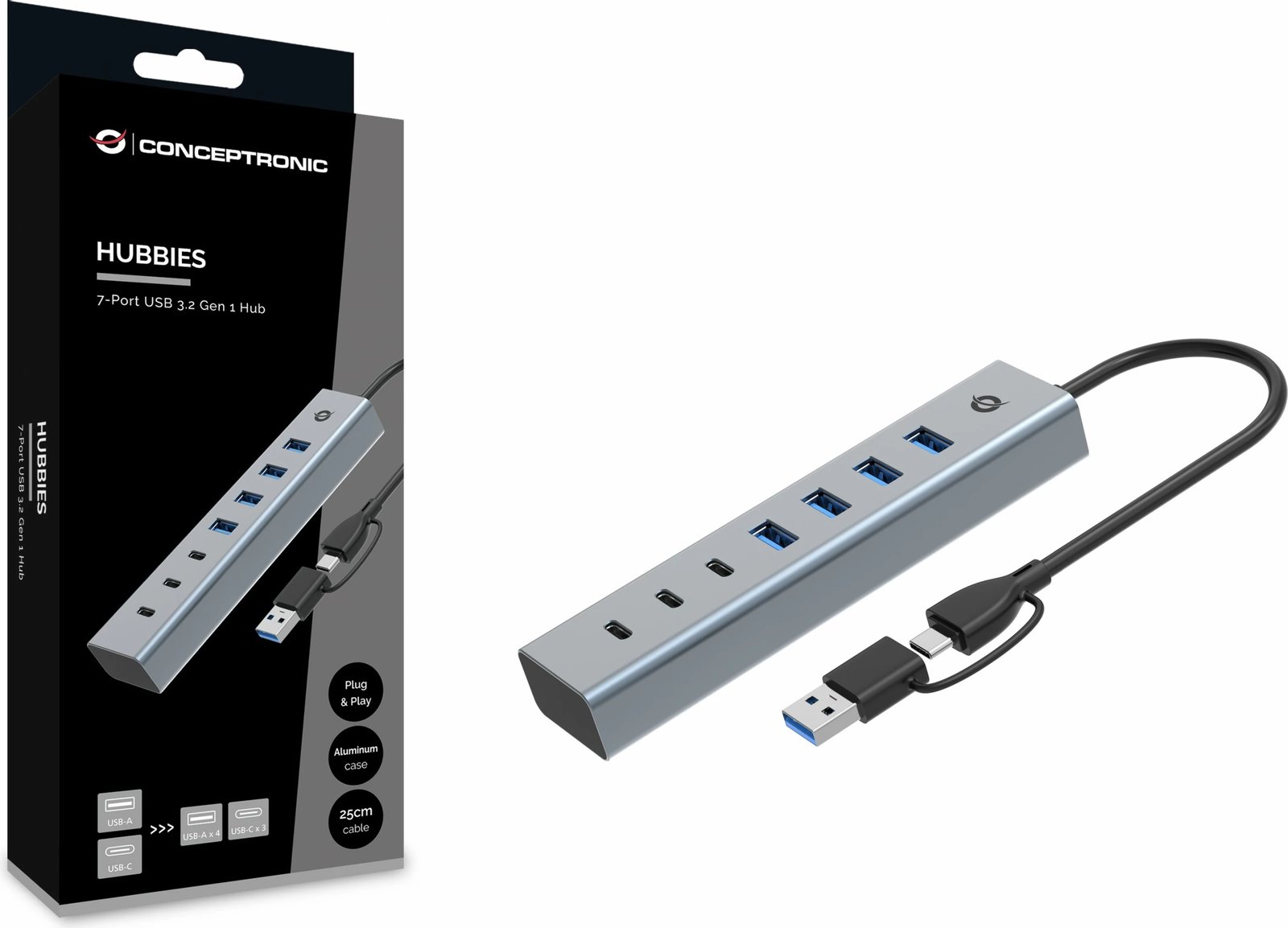 USB hub Conceptronic 7 porta, USB-A 3.0/USB-C, gri