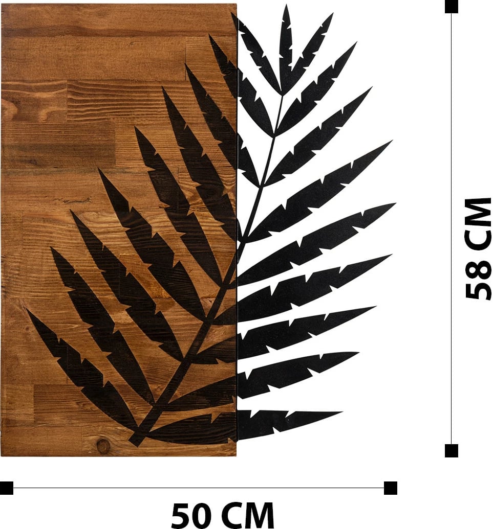 Aksesor dekorativ për mur, dru dhe metal, Wallity Leaf3, ngjyrë e zezë dhe arre, 50x58cm