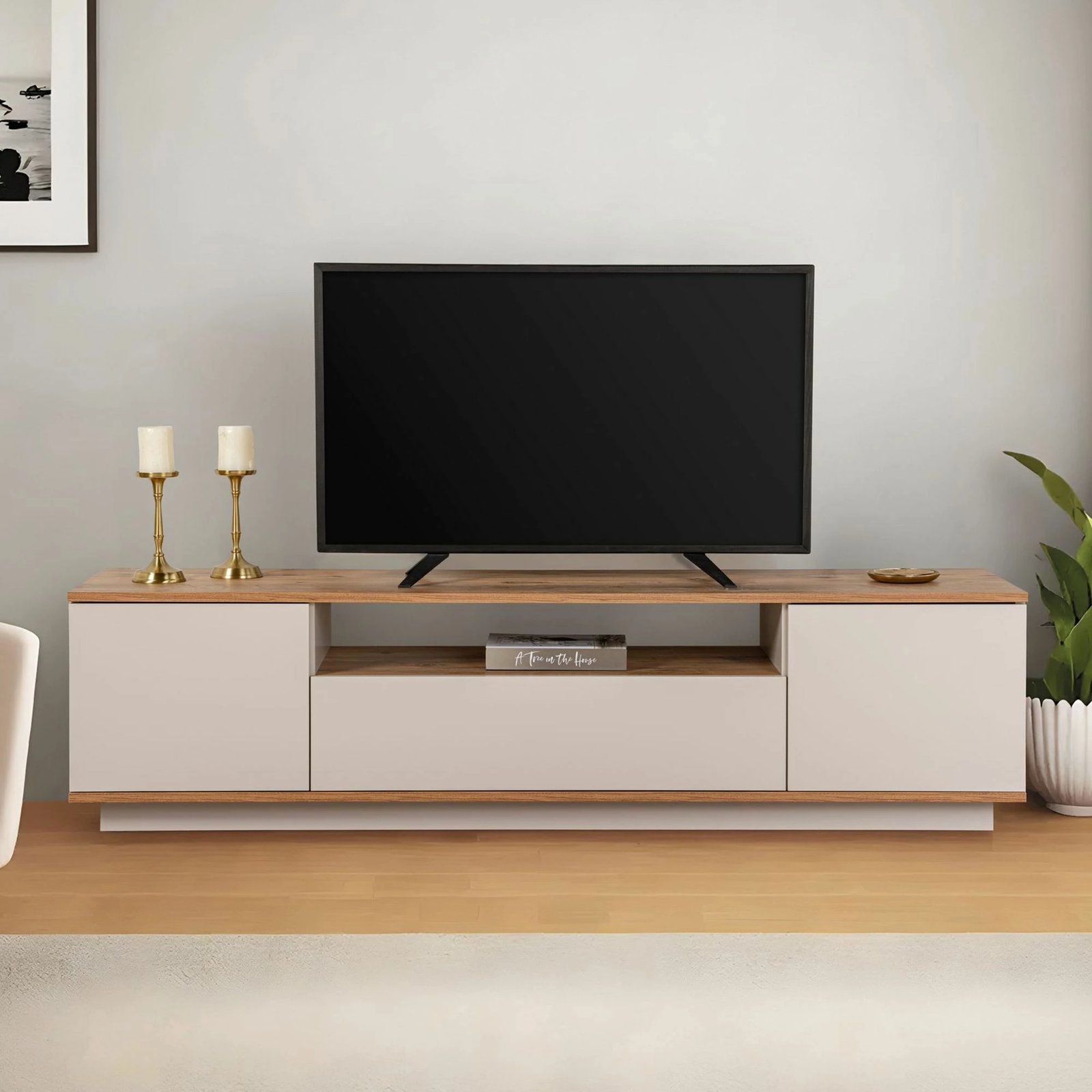 Komodë TV Skye Decor, Veramont, ngjyrë cashmere dhe Atlantic Pine