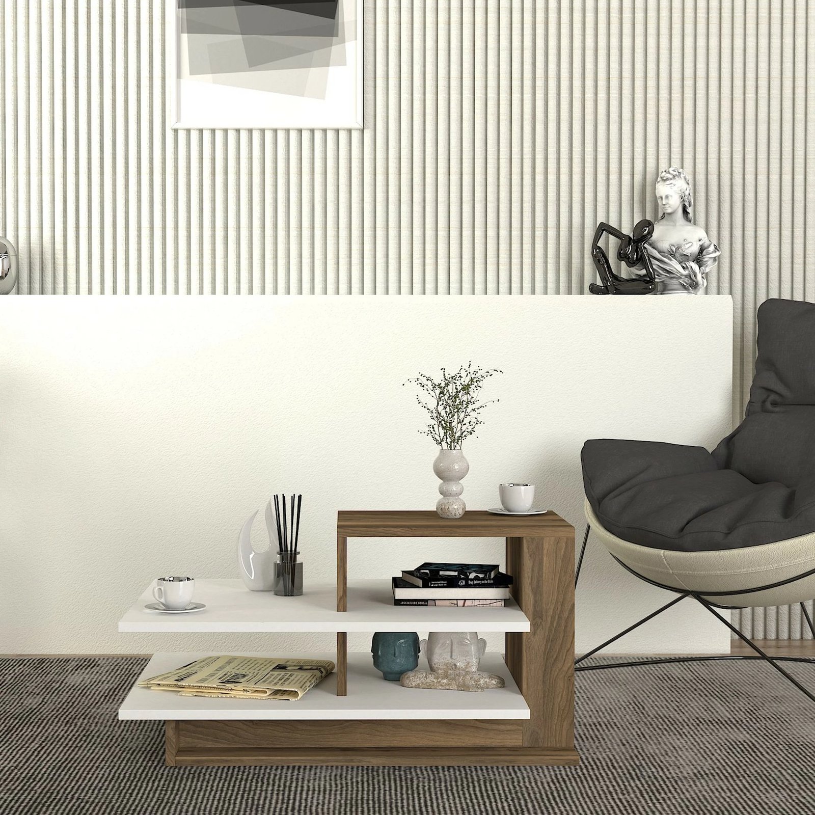 Tavolinë e ulët Skye Decor, Venüs, e bardhë dhe arre