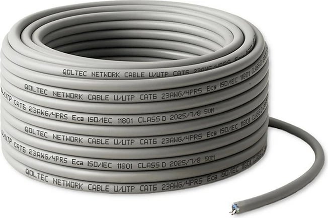 kabllo rrjeti U/UTP CAT6, Qoltec 54559, 50 m, bakër i plotë 23AWG 0.52 mm, deri 1 Gb/s 250 MHz, gri