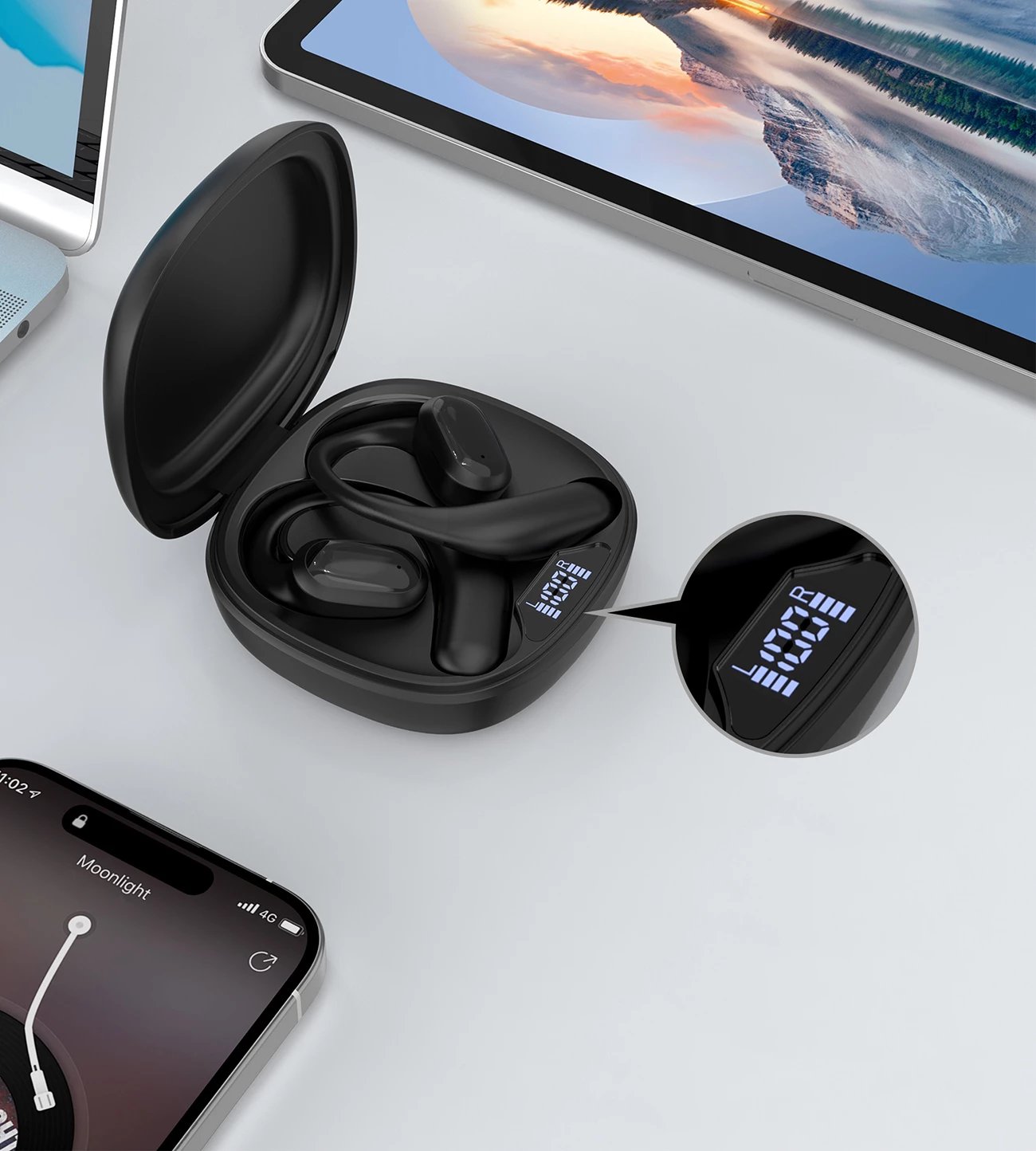 Kufje TWS Choetech OWS BH-T25-BK, Bluetooth 5.3, me ekran LED, të zeza