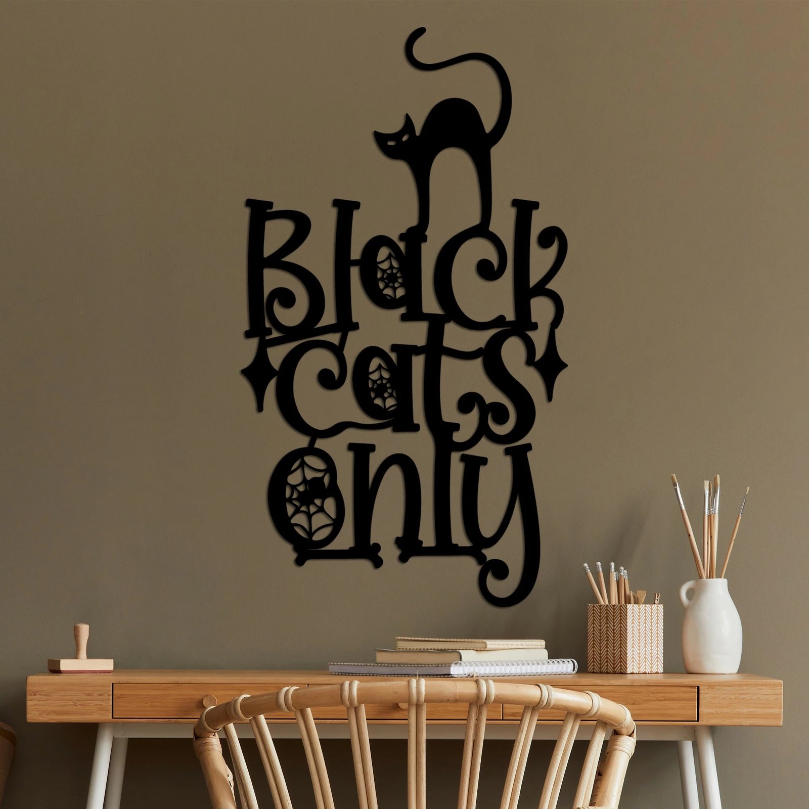 Aksesor dekorativ metalik për mur, mace, Wallity, e zezë, 34x60cm