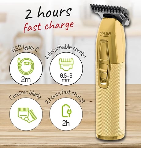 Trimer, Adler, AD 2836g, bateri 1400 mAh, karikim USB-C, teh qeramik 0.9 mm, ari, set me 4 krehra