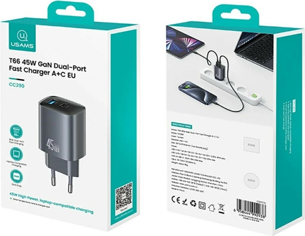 Karikues muri GaN 45W, USAMS CC290 T66 (USA001666), 1x USB-C + 1x USB-A, PD/QC, i zi
