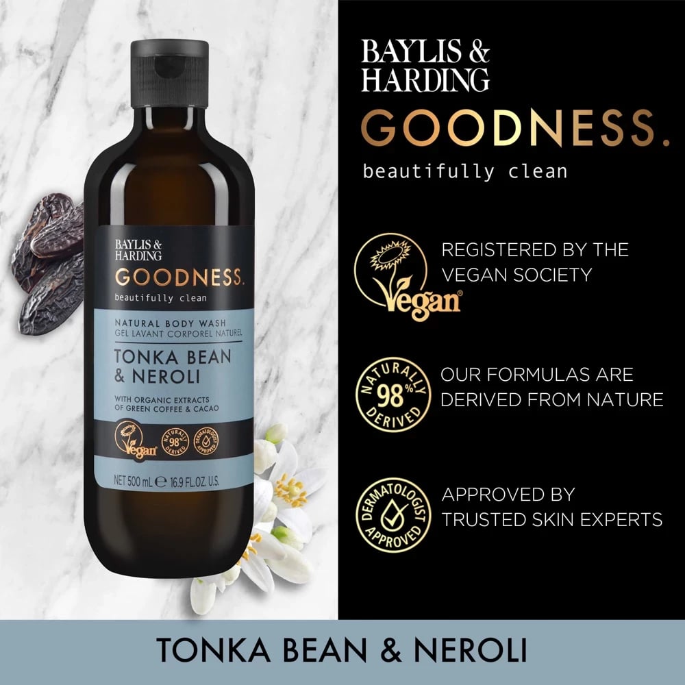 Xhel për dush Bayliss & Harding GOODNESS TONKA BEAN & NEROLI, 500 ml  Xhel për dush Bayliss & Harding GOODNESS TONKA BEAN & NEROLI, 500 ml