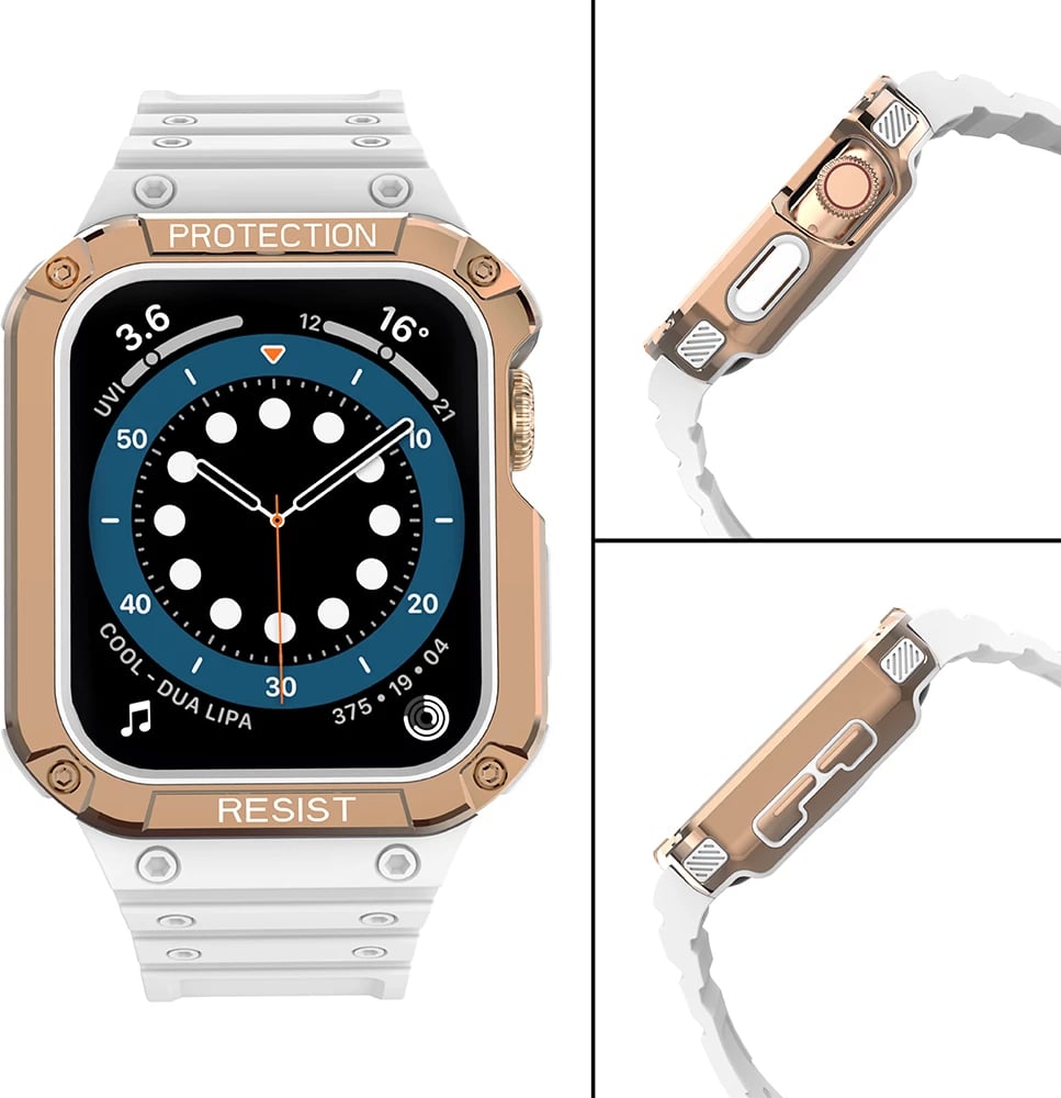 Rrip me kasë të blinduar për Apple Watch Hurtel, 41/40/38mm, Bardhë/Ari i zbehtë Rrip me kasë të blinduar për Apple Watch Hurtel, 41/40/38mm, Bardhë/Ari i zbehtë