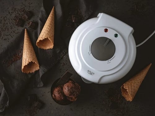 Aparat për petë vafle/konë, Adler, AD 3038, pjatat 18 cm, regulator temperature, shtresë jo‑ngjitëse, formues kone, 750W nom./1500W max, e bardhë