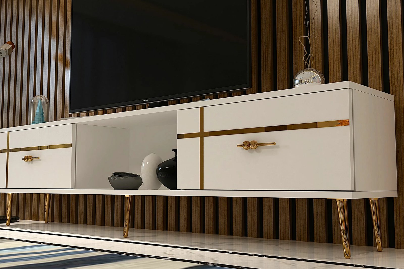 Komodë TV Skye Decor, ngjyrë e bardhë, detaje të arta