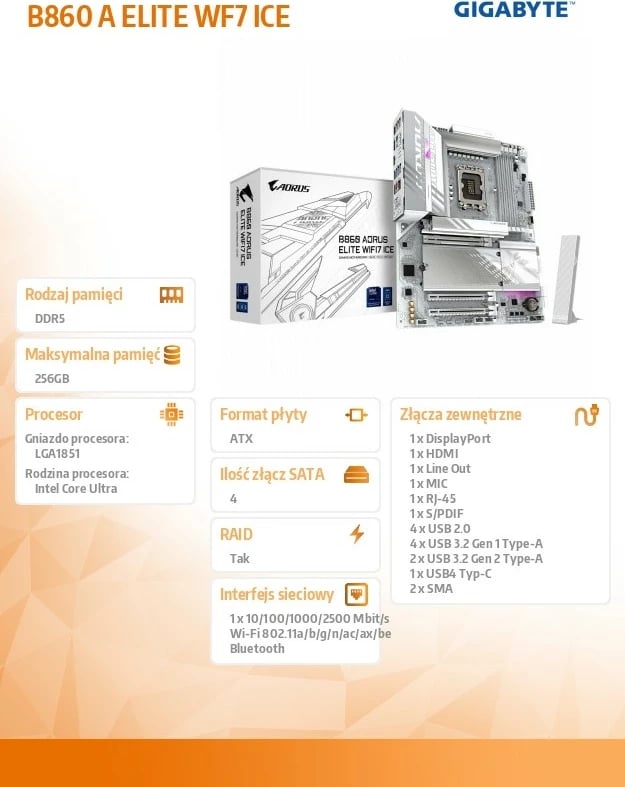 Pllakë amë Gigabyte B860 A ELITE WF7 ICE, ATX, DDR5, LGA1851, Wi-Fi 7, e bardhë