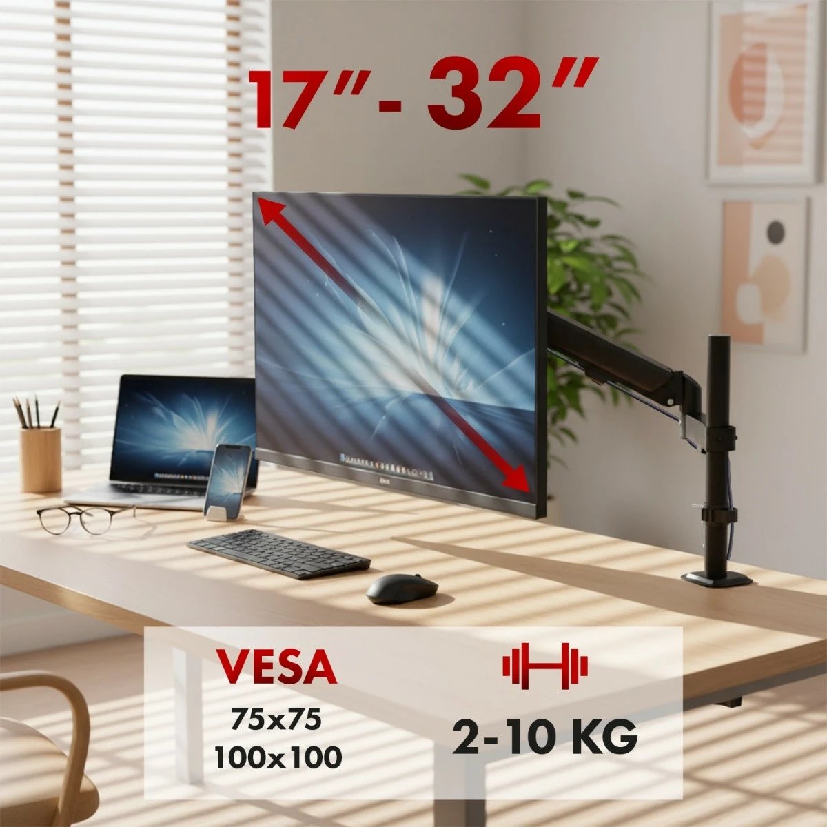 Mbajtës tavoline për monitor Maclean MC-135 17-32 inç 2-10 kg VESA 75x75/100x100, i zi