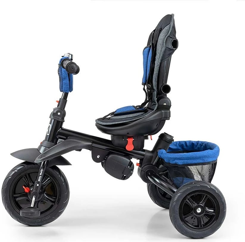 Tricikël me shufër drejtuese, Milly Mally Stanley 6-in-1, sedilje rrotulluese 360°, rrota gome, dorezë shtytëse e rregullueshme, canopy palosës, shportë – blu-zi