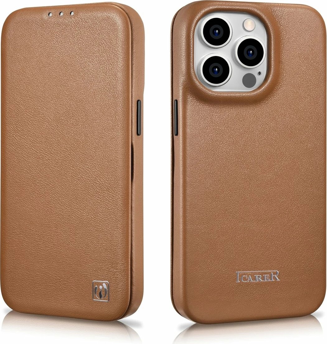 Mbështjellës iCarer CE Premium lëkurë për iPhone 14 Pro, MagSafe, kafe