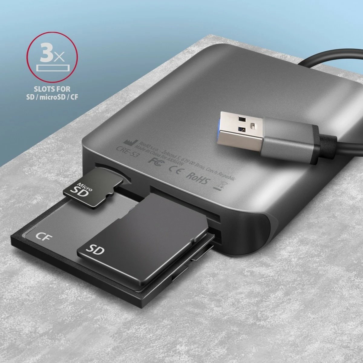Lexues kartelash AXAGON CRE-S3, USB-A, 3 slote, USB 3.2 Gen 1, Gri