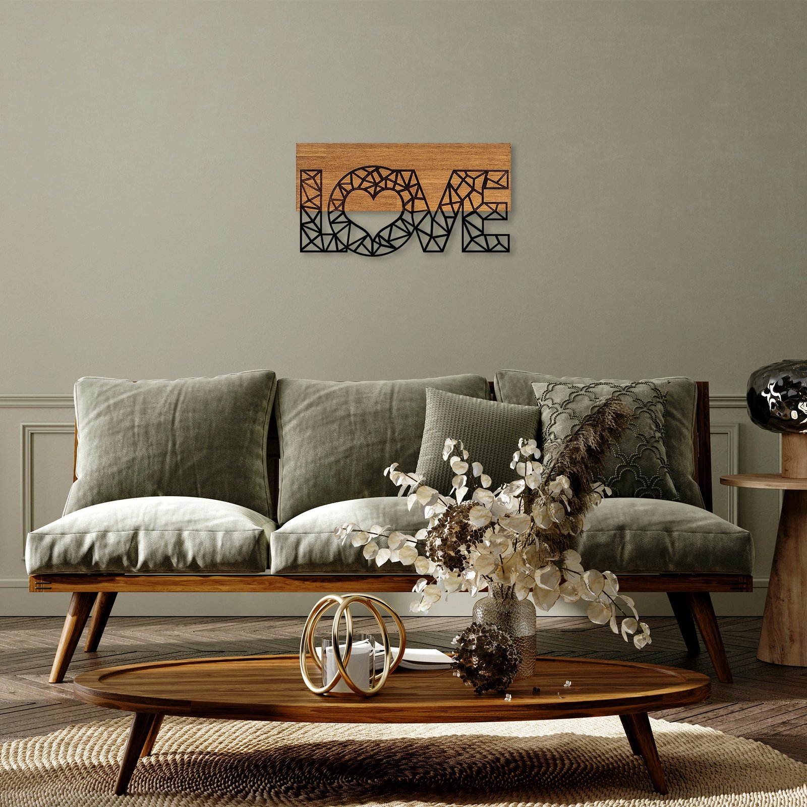 Aksesor dekorativ prej druri për mur, Wallity, Love - 323, ngjyrë e zezë dhe arre