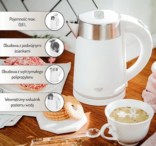 Çajnik elektrik, Adler, AD 1372, 0.6 L, 800 W, çelik inoksi, i bardhë