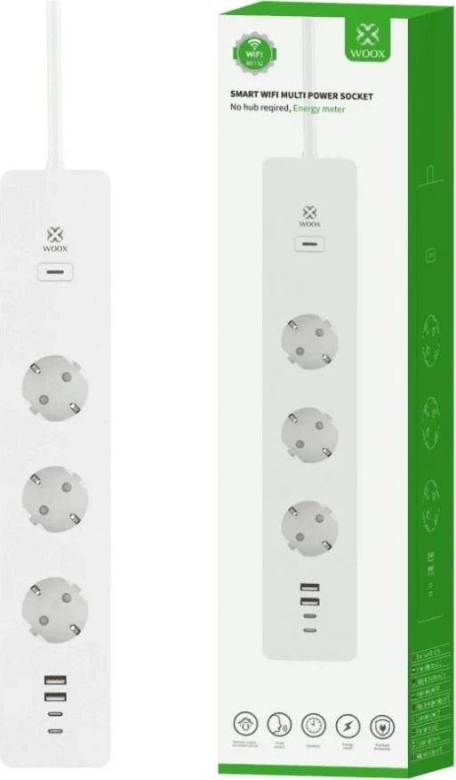 Shiriti i Mençur WOOX R6132 me WiFi, 3 priza AC, 2 porta USB 2.0, 2 porta USB-C, i bardhë