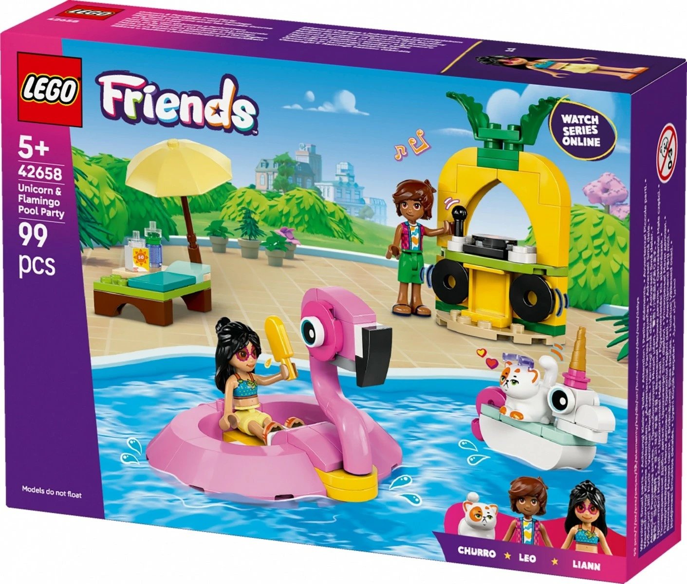 Set ndërtimi LEGO Friends 42658, Festa në pishinë me njëbrirësh dhe flamingo, 99 pjesë