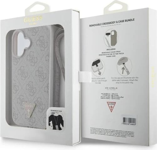 Mbështjellës Guess Leather Metal Logo Strass për iPhone 16, Rozë