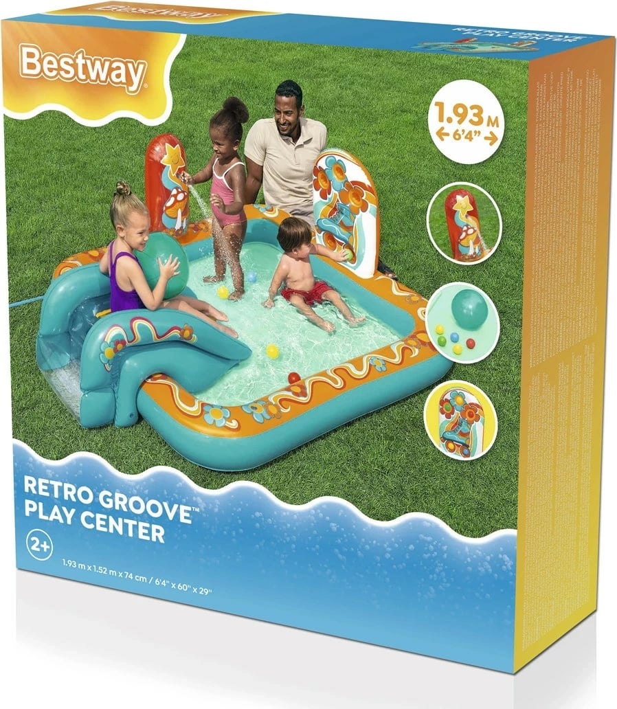 Qendër loje dhe pishinë fryrëse Bestway Retro Groove për fëmijë, 1.93 m x 1.52 m x 74 cm, shumëngjyrëshe