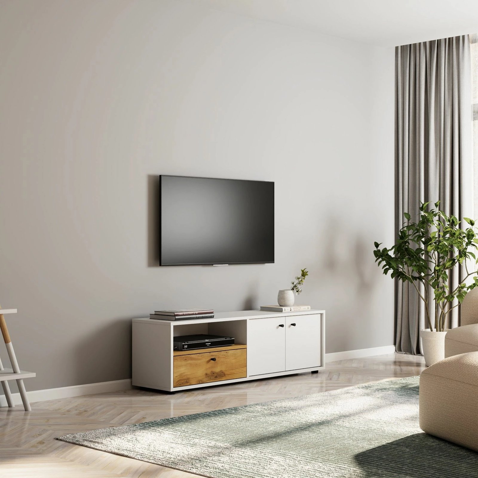 Komodë TV Skye Decor, e bardhë, lisi, Pao