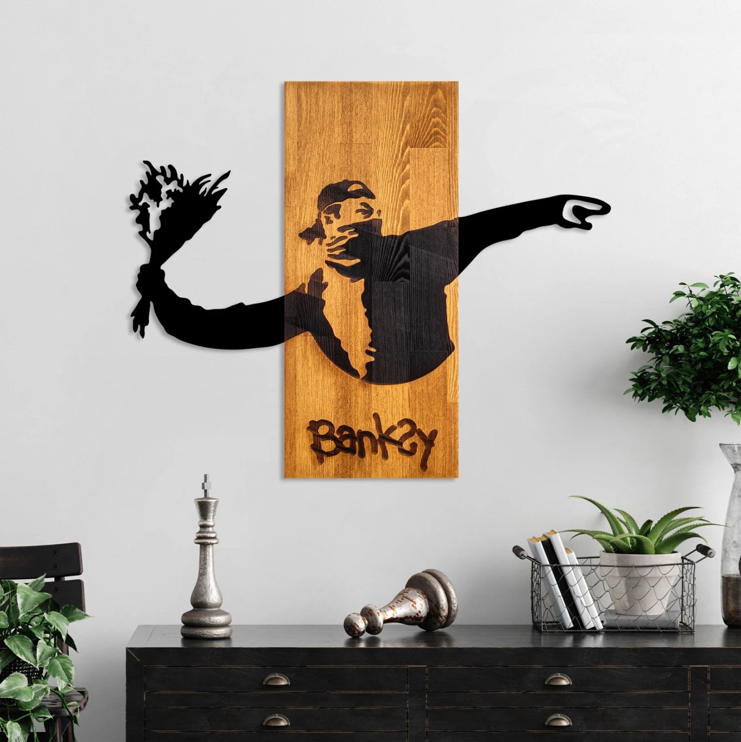 Dekor muri Banksy, metal i zi, dru natyral, 69x3x58cm